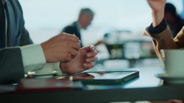 A business meeting is in progress, with a tablet and coffee cup on the table. The setting seems to be a modern office or cafe. - Powered by Adobe