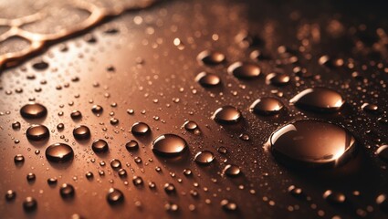 Water droplets on a metallic surface with a copper or bronze tone. Macro shot of condensation. Abstract and textured background.