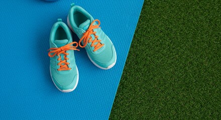 Sport shoes on yoga mat for fitness and exercise top view