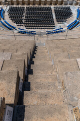 Caesarea, Israel April 15, 2025 Looking down the stairs of the reconstructed ancient Roman amphitheater at Caesarea National Park in Israel.
