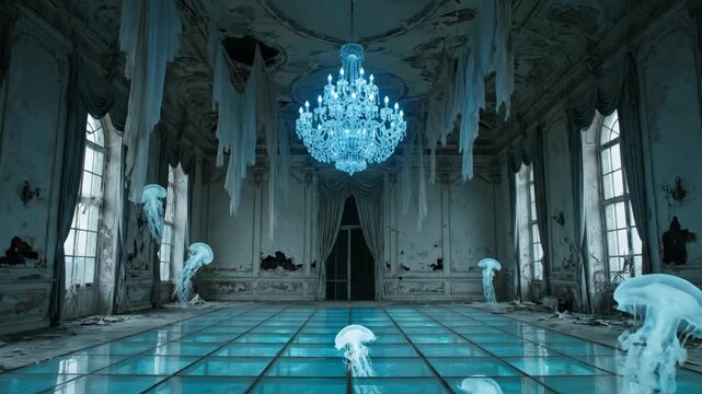 Jellyfish floating in abandoned ballroom with chandelier