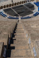 Caesarea, Israel April 15, 2025 Looking down the stairs of the reconstructed ancient Roman amphitheater at Caesarea National Park in Israel.
