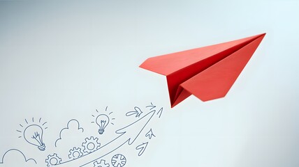 Red paper airplane soaring above a sketched path of growth and success