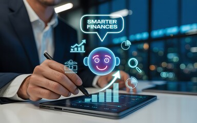 Businessman using tablet with futuristic financial technology and ai interface