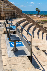 The handicapped seating of the reconstructed ancient Roman amphitheater at Caesarea National Park in Israel.
