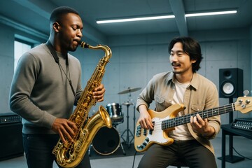 Naklejka premium Two musicians playing saxophone and electric bass guitar in a modern studio with instruments in the background, enjoying their musical hobby together. Ai generative