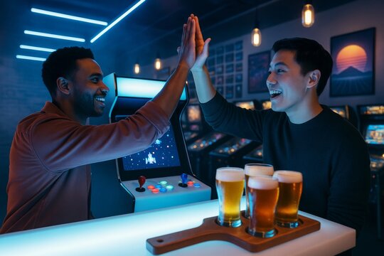 Two friends high-fiving while playing arcade games with beer on counter in neon-lit retro gaming bar background, celebrating fun hobby night out. Ai generative