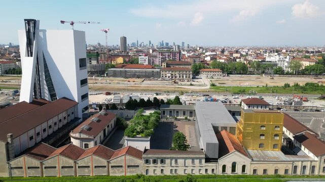Europe, Italy , Milan 07,22,2025 - Prada Foundation drone aerial view and the  Olympic village Milan Cortina 2026 , the new skyline with skyscrapers and modern building in downtown 