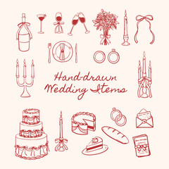 Set of whimsical hand-drawn wedding ceremony items. Hand-drawn wedding items for wedding invitation, bachelorette party, birthday invitation, and anniversary