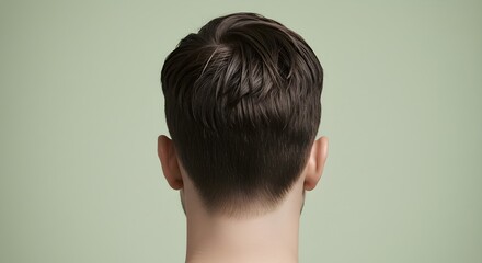 Obraz premium Man's Short Dark Hair Clean Cut Style From Back Studio Shot Light Green Background