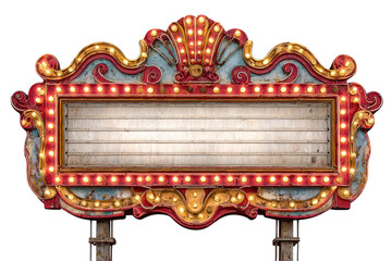 Vintage theater marquee sign with glowing light bulbs advertising board entertainment classic art