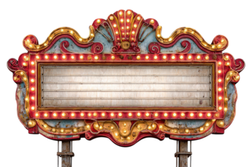 Vintage theater marquee sign with glowing light bulbs advertising board entertainment classic art
