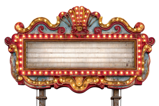 Vintage theater marquee sign with glowing light bulbs advertising board entertainment classic art