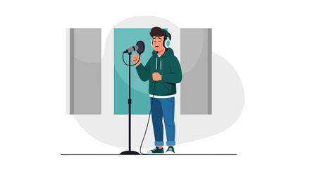 Young Man Singing In Recording Studio With Microphone And Headphones