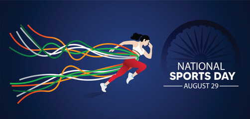 National Sports Day August 29 girl running with ribbon tricolor vector poster