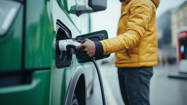 Charging an electric truck: A person in a yellow jacket plugs in a white electric charging connector to a green truck at an outdoor charging station.