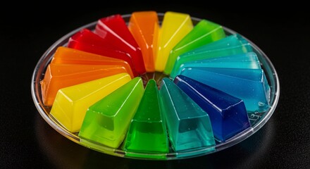 Obraz premium Colorful gelatin dessert slices arranged in a circle, creating a vibrant, eye-catching display of rainbow hues.