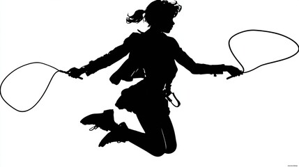 Silhouette of a young person jumping rope in mid-air, hair in a ponytail, wearing a jacket and skirt