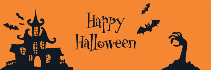 A spooky Halloween scene featuring a haunted house, bats, and eerie trees under a full moon. Perfect for Halloween themed designs, invitations, or decorations. Flat vector modern illustration