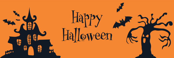 A spooky Halloween scene featuring a haunted house, bats, and eerie trees under a full moon. Perfect for Halloween themed designs, invitations, or decorations. Flat vector modern illustration