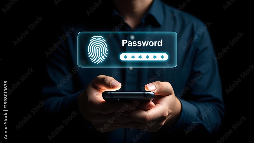 Poster businessman holding smartphone with fingerprint authentication and password screen. symbolizes digit