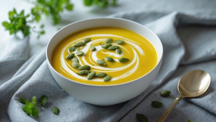 A bowl of yellow soup garnished with pumpkin seeds, placed on a gray cloth with green herbs around.