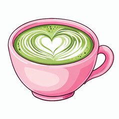 Pink Matcha Latte in Ceramic Mug with Heart Latte Art on Top – Whimsical Beverage Illustration