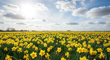 Obraz premium Vast daffodil field under bright sun and puffy clouds in spring landscape