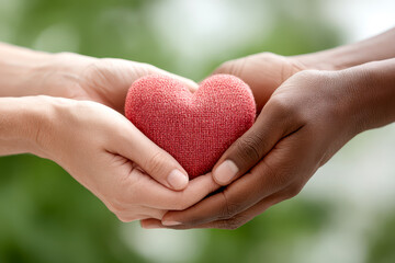 Two pairs of hands, one light-skinned and one dark-skinned, hold a red knitted heart together, symbolizing unity, love, and compassion.