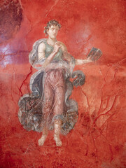 fresco of a woman from the Roman period on a red background, Pompeii 79 AD