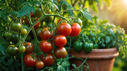 Clusters of ripe and unripe tomatoes growing on a vine with a blurred background and sunlight.