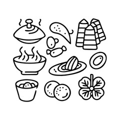 A set of doodle line icons representing shabu shabu ingredients, hot pot cooking, and Japanese cuisine for menus, food blogs, or packaging