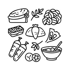 A set of doodle line icons representing shabu shabu ingredients, hot pot cooking, and Japanese cuisine for menus, food blogs, or packaging