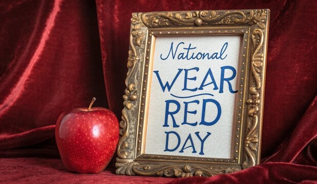 A decorative gold-framed sign reads National WEAR RED DAY in vibrant blue lettering, resting on an elegant red velvet background. To the left, a shiny red apple complements the theme of the display.