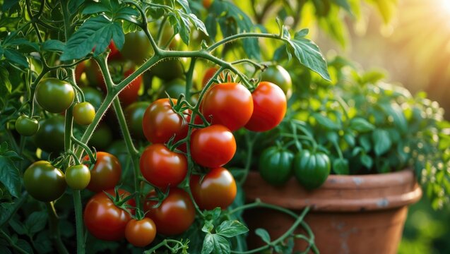 Clusters of ripe and unripe tomatoes growing on a vine with a blurred background and sunlight.