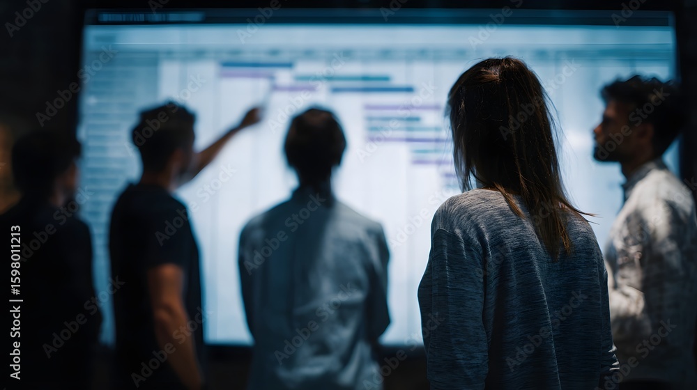 Poster project team reviewing a gantt chart on a large screen