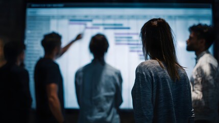 Project team reviewing a Gantt chart on a large screen