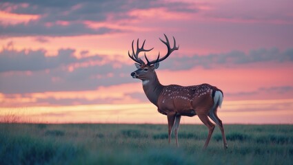 Obraz premium A majestic deer with antlers standing in a field during a colorful sunset.