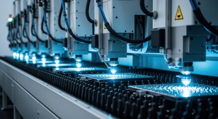 Rows of diamondcutting lasers embedded in advanced industrial machinery within a sterile factory interior.