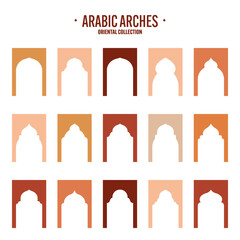 Islamic frames, oriental style objects. Arabic shapes, windows and arches. Traditional ornamental banner, frame. Muslim holidays, Ramadan Kareem. Modern eastern architecture. Vector illustration