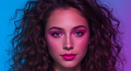 Naklejka premium Striking portrait of person with pink makeup and curly hair on vibrant gradient background