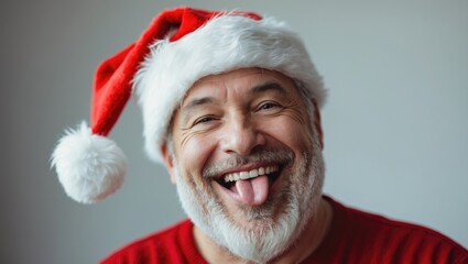 A cheerful man wearing a Santa hat making a funny face, sticking his tongue out and smiling brightly.
