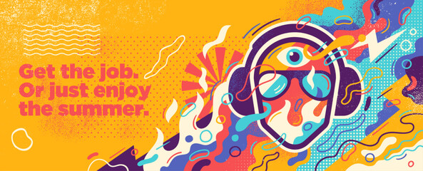 Grunge-style summer banner with an abstract DJ theme and vivid splashes of color. Vector illustration.