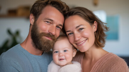 Obraz premium Tender family portrait of dad, mom, and baby girl in soft light