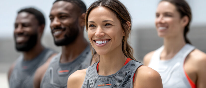 A diverse group of four young adults in workout attire smiling confidently, standing in a row with a bright and energetic atmosphere.