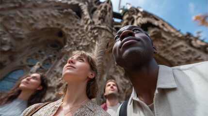 Group of tourists admire architectural details at historic landmark on sunny day in Barcelona
