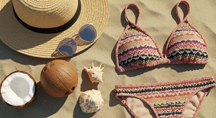 Summer beach vacation essentials straw hat bikini and coconut top view