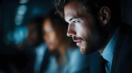 Intense corporate employee focused on deadline driven presentation