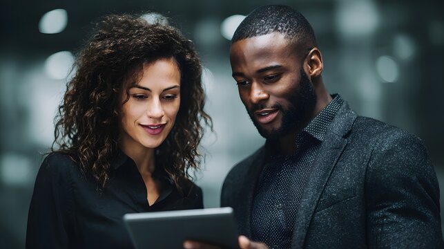 Colleagues collaborating with tablet focused on innovative solutions