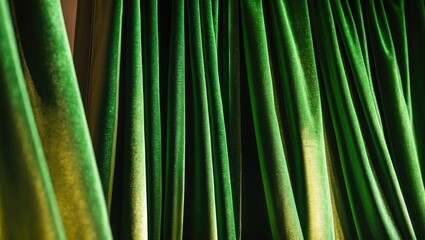 Close-up of green velvet curtains with a rich texture and vibrant color.